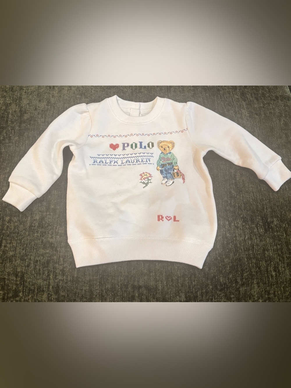 Ralph Lauren 12M White Cotton Blend Bear Graphic Crewneck Pullover Sweater